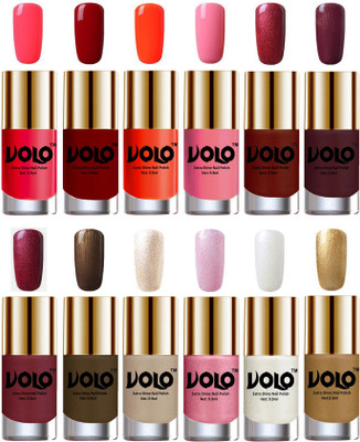 

Volo Luxury Super Shine Nail Polish Set of 12 Vibrant Shades Carrot Red, Red, Coral, Light Pink, Lava Lust, Shimmer Coffee, Metallic Red, Gold, Metallic Coffee, Chrome Rust, Metallic Pink, Pearly White Chrome, Golden(Pack of 12)