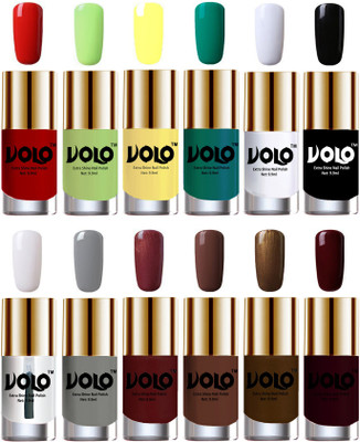 

Volo Luxury Super Shine Nail Polish Set of 12 Vibrant Shades Reddish Orange, Parrot Green, Yellow, Radium Green, Matte White, Black, Extra Shine Top Coat, Grey, Metallic Maroon, Chocolate Brown, Brown Coffee, Maroon(Pack of 12)