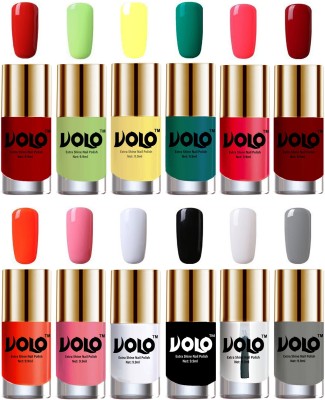 Volo Luxury Super Shine Nail Polish Set of 12 Vibrant Shades Combo-No-306 Coral, Matte White, Reddish Orange, Red, Extra Shine Top Coat, Black, Grey, Yellow, Radium Green, Carrot Red, Light Pink, Parrot Green(Pack of 12)