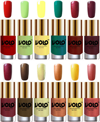 

Volo Luxury Super Shine Nail Polish Set of 12 Vibrant Shades Reddish Orange, Parrot Green, Yellow, Radium Green, Lava Lust, Shimmer Coffee, Metallic Red, Gold, Metallic Coffee, Chrome Olive Green, Bronze Magnetic, Gold Chrome, Hot Lava(Pack of 12)