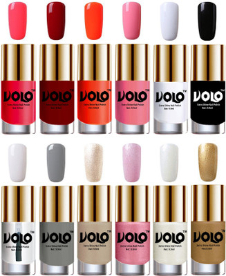

Volo Luxury Super Shine Nail Polish Set of 12 Vibrant Shades Carrot Red, Red, Coral, Light Pink, Matte White, Black, Extra Shine Top Coat, Grey, Chrome Rust, Metallic Pink, Pearly White Chrome, Golden(Pack of 12)