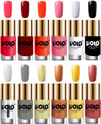 

Volo Luxury Super Shine Nail Polish Set of 12 Vibrant Shades Carrot Red, Red, Coral, Light Pink, Matte White, Black, Extra Shine Top Coat, Grey, Chrome Olive Green, Bronze Magnetic, Gold Chrome, Hot Lava(Pack of 12)