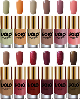 

Volo Luxury Super Shine Nail Polish Set of 12 Vibrant Shades Mischievous Mint, Flirty Nude, Nude, Dark Nude, Nudes Spring, Candy Cotton, Dark Nude, Tan, Lava Lust, Shimmer Coffee, Metallic Red, Gold, Metallic Coffee(Pack of 12)