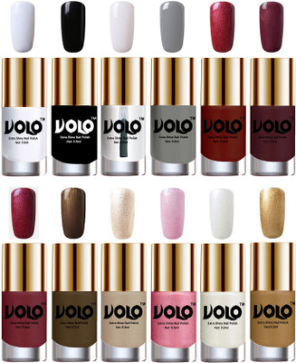 

Volo Luxury Super Shine Nail Polish Set of 12 Vibrant Shades Matte White, Black, Extra Shine Top Coat, Grey, Lava Lust, Shimmer Coffee, Metallic Red, Gold, Metallic Coffee, Chrome Rust, Metallic Pink, Pearly White Chrome, Golden(Pack of 12)