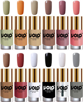 

Volo Luxury Super Shine Nail Polish Set of 12 Vibrant Shades Mischievous Mint, Flirty Nude, Nude, Dark Nude, Nudes Spring, Candy Cotton, Dark Nude, Tan, Matte White, Black, Extra Shine Top Coat, Grey(Pack of 12)
