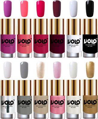 

Volo Luxury Super Shine Nail Polish Set of 12 Vibrant Shades Bright Plum, Pink Mania, Moon Magenta, Wine, Matte White, Black, Extra Shine Top Coat, Grey, Chrome Rust, Metallic Pink, Pearly White Chrome, Golden(Pack of 12)