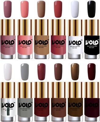 

Volo Luxury Super Shine Nail Polish Set of 12 Vibrant Shades Nudes Spring, Candy Cotton, Dark Nude, Tan, Matte White, Black, Extra Shine Top Coat, Grey, Metallic Maroon, Chocolate Brown, Brown Coffee, Maroon(Pack of 12)