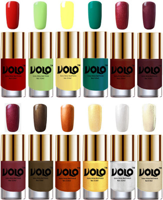 Volo Luxury Super Shine Nail Polish Set of 12 Vibrant Shades Reddish Orange, Parrot Green, Yellow, Radium Green, Lava Lust, Shimmer Coffee, Metallic Red, Gold, Metallic Coffee, Red Gold, Golden, Metallic Silver, Light Golden(Pack of 12)