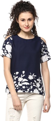 MAYRA Casual Short Sleeve Floral Print Women Blue Top