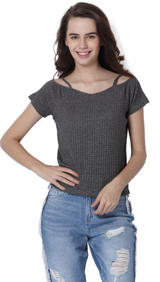 Only Casual Short Sleeve Solid Women Grey Top