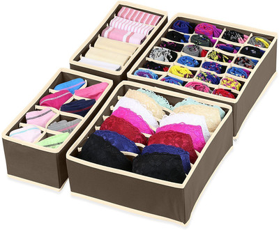 

House of Quirk Foldable Fabric Drawer Organizer for Innerwear (30 cm x 35 cm x 10.01 cm, Set of 4, Brown)(Brown)