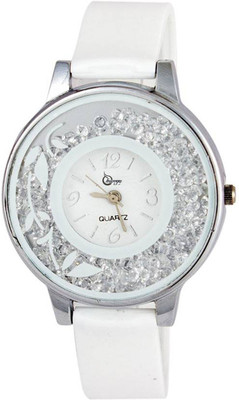 

Shunya White Flower Print Dial Movable Diamond PU Strap Analouge Watch For Women And Girls Watch - For Women