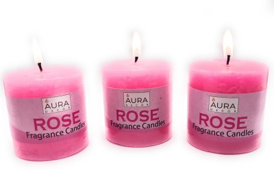 AuraDecor Rose Fragrance Pack of 3 Pillar ( 3inch ) Candle(Pink, Pack of 3)