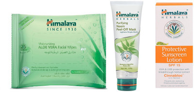 

Himalaya Aloe Vera Facial Wipes, Purifying Neem Peel Off Mask, Protective Suncreen Lotion(Set of 3)