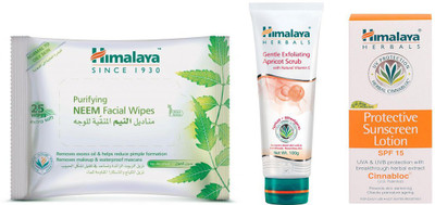 

Himalaya Purifying Neem Facial Wipes, Gentle Exfoliating Apricot Scrub, Protective Suncreen Lotion(Set of 3)