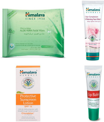 

Himalaya Aloe Vera Facial Wipes, Clear Complexion Whitening Face Wash, Protective Sunscreen Lotion, Lip Balm(Set of 4)
