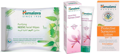 

Himalaya Purifying Neem Facial Wipes, Natural Glow Fairness Cream, Protective Suncreen Lotion(Set of 3)