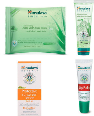 

Himalaya Aloe Vera Facial Wipes, Moisturizing Aloe Vera Face Wash, Protective Sunscreen Lotion, Lip Balm(Set of 4)