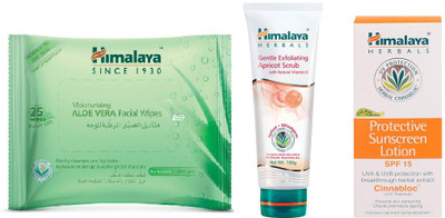 Himalaya Aloe Vera Facial Wipes, Gentle Exfoliating Apricot Scrub, Protective Suncreen Lotion(Set of 3)