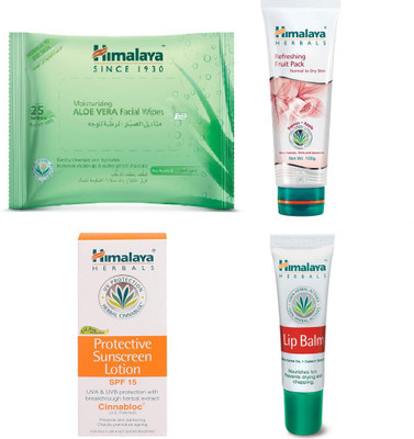 

Himalaya Aloe Vera Facial Wipes, Refreshing Fruit Pack, Protective Suncreen Lotion, Lip Balm(Set of 4)