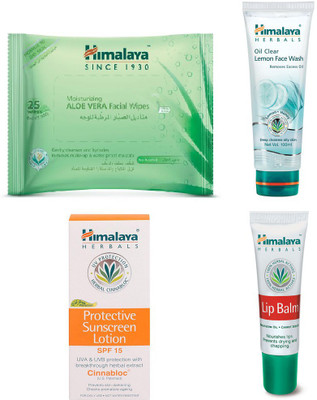 

Himalaya Aloe Vera Facial Wipes, Oil Clear Lemon Face Wash, Protective Suncreen Lotion, Lip Balm(Set of 4)