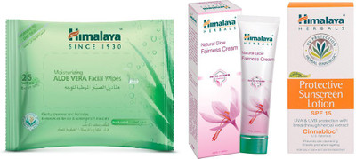 

Himalaya Aloe Vera Facial Wipes, Natural Glow Fairness Cream, Protective Suncreen Lotion(Set of 3)