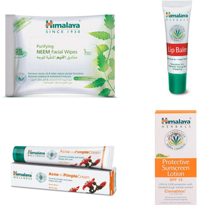

Himalaya Purifying Neem Facial Wipes, Pimple Cream, Protective Sunscreen Lotion, Lip Balm(Set of 4)