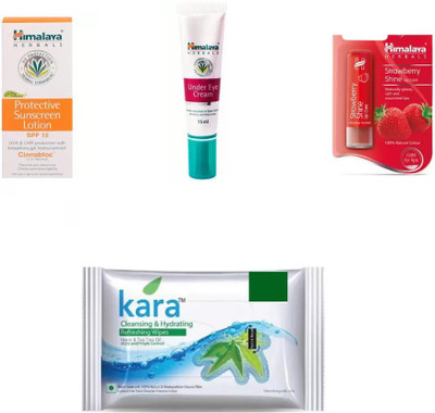 

Himalaya Protective Sunscreen Lotion, Under Eye Cream, Strawberry Shine Lip Care, kara skin care wipes(Set of 4)
