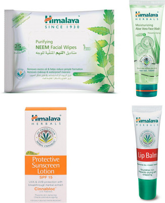 

Himalaya Purifying Neem Facial Wipes, Moisturizing Aloe Vera Face Wash, Protective Sunscreen Lotion, Lip Balm(Set of 4)