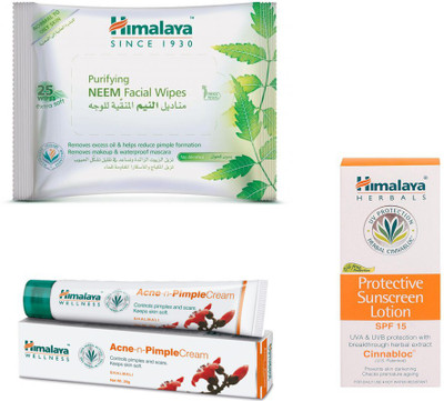 

Himalaya Purifying Neem Facial Wipes, Pimple Cream, Protective Suncreen Lotion(Set of 3)