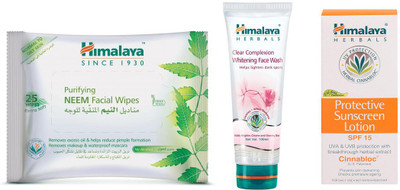 

Himalaya Purifying Neem Facial Wipes, Clear Complexion Whitening Face Wash, Protective Suncreen Lotion(Set of 3)