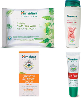 

Himalaya Purifying Neem Facial Wipes, Intensive Face Moisturizing Lotion, Protective Suncreen Lotion, Lip Balm(Set of 4)