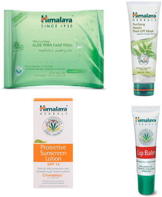 

Himalaya Aloe Vera Facial Wipes, Purifying Neem Peel Off Mask, Lip Balm, Protective Sunscreen Lotion(Set of 4)