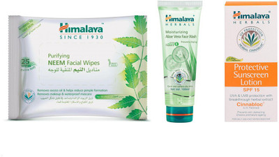 

Himalaya Purifying Neem Facial Wipes, Moisturzing Aloe Vera Face Wash, Protective Suncreen Lotion(Set of 3)