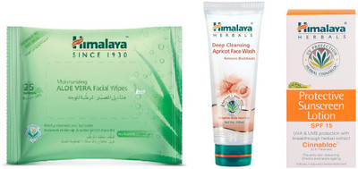 

Himalaya Aloe Vera Facial Wipes, Deep Cleansing Apricot Face Wash, Protective Suncreen Lotion(Set of 3)