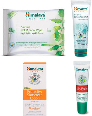

Himalaya Purifying Neem Facial Wipes, Oil Clear Lemon Face Wash, Protective Suncreen Lotion, Lip Balm(Set of 4)
