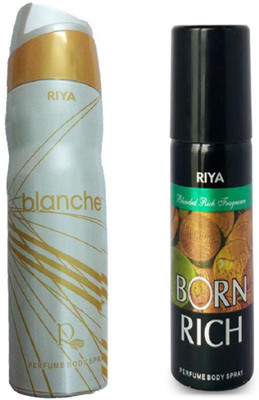 

Riya BORN RICH PERFUME BODY SPRAY 150 ML + BLANCHE PERFUME BODY SPRAY 200 ML Deodorant Spray - For Men & Women(200 ml, Pack of 2)