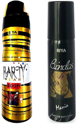 

Riya BINDAS MANIA PERFUME BODY SPRAY 150 ML + PARTY WEAR BOOM PERFUME BODY SPRAY 200 ML Deodorant Spray - For Men & Women(200 ml)