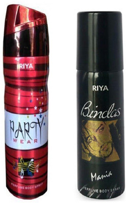 

Riya BINDAS MANIA PERFUME BODY SPRAY 150 ML +PARTY WEAR PERFUME BODY SPRAY 200 ML Deodorant Spray - For Men & Women(200 ml)
