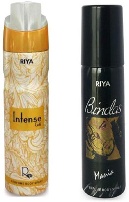 

Riya BINDAS MANIA PERFUME BODY SPRAY 150 ML +INTENSE GOLD PERFUME BODY SPRAY 200 ML Deodorant Spray - For Men & Women(200 ml)