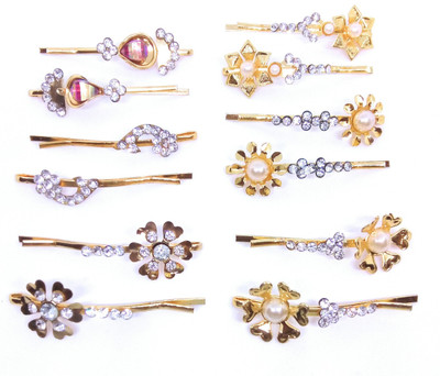 

khubsurat Designer Hair Pin for Girls & Women, Gold Tone, Stone Stud, Set of 6 Pairs (12 Pcs) Hair Pin(Gold)