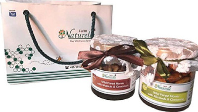 

Farm Naturelle Cinnamon infused Pure Raw Natural Forest Honey with Big Delicious Almonds (Badaam) and Walnut-250 Gms x 2 glass bottles-Health Gift item Pack in Decorative paper bag (500 g, Pack of 2)