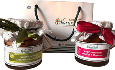 

Farm Naturelle Cinnamon infused Pure Raw Natural Forest Honey with Big Delicious Figs (Anjeer) and Almonds-250 Gms x 2 glass bottles-Diwali Health Gift item Pack in Decorative paper bag (500 g, Pack of 2)