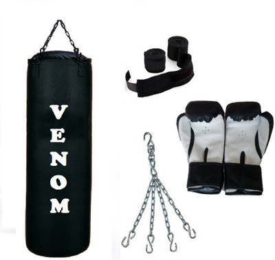 

Venom 1.5 Feet Long, CANVAS Material, BLACK Color, Unfilled with Hanging Chain with 9 Feet Long Black Color Hand Wraps Pair & Boxing Gloves Pair Boxing Kit
