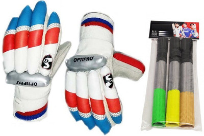 

SG Combo of Two- One Pair of 'Optipro' Batting gloves (Right handed) (Men's) and 3 Bat Grips (Color on availability)- Cricket Kit
