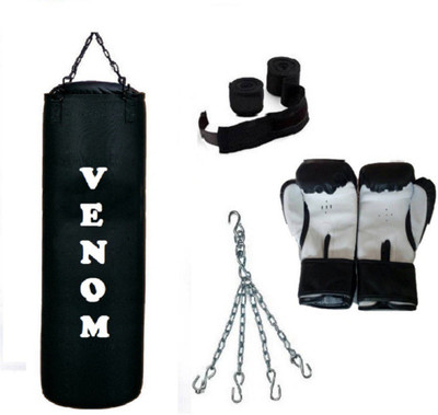 

Venom 4.0 Feet Long, CANVAS Material, BLACK Color, Unfilled with Hanging Chain with 9 Feet Long Black Color Hand Wraps Pair & Boxing Gloves Pair Boxing Kit