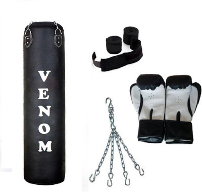 

Venom 2.5 Feet Long, P.U Material, BLACK Color, Unfilled with Hanging Chain with 9 Feet Long Black Color Hand Wraps Pair & Boxing Gloves Pair Boxing Kit