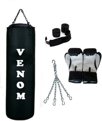 

Venom 7.5 Feet Long, CANVAS Material, BLACK Color, Unfilled with Hanging Chain with 9 Feet Long Black Color Hand Wraps Pair & Boxing Gloves Pair Boxing Kit