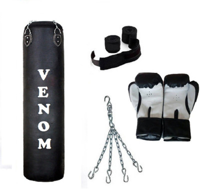 

Venom 3.0 Feet Long, P.U Material, BLACK Color, Unfilled with Hanging Chain with 9 Feet Long Black Color Hand Wraps Pair & Boxing Gloves Pair Boxing Kit