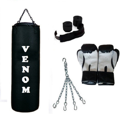 

Venom 3.5 Feet Long, CANVAS Material, BLACK Color, Unfilled with Hanging Chain with 9 Feet Long Black Color Hand Wraps Pair & Boxing Gloves Pair Boxing Kit